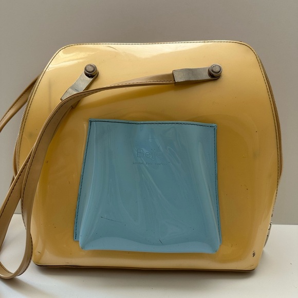 Beijo London Paris New York Beige/blue Patent Leather Shoulder/Backpac Bag Purse - Picture 1 of 13